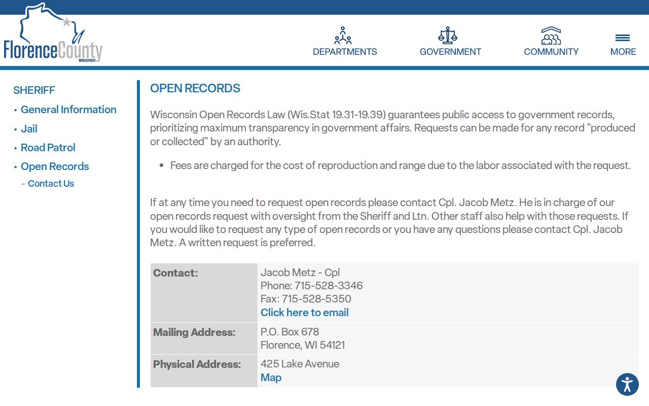 Florence County booking-record request information on the Sheriff Open Records page